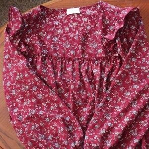 Floral Red Blouse with Ruffle Sleeves